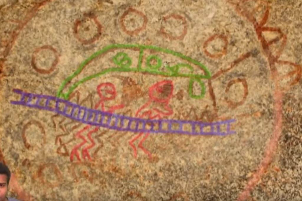 скална рисунка в древна Индия,показва космически кораб и пътници в него